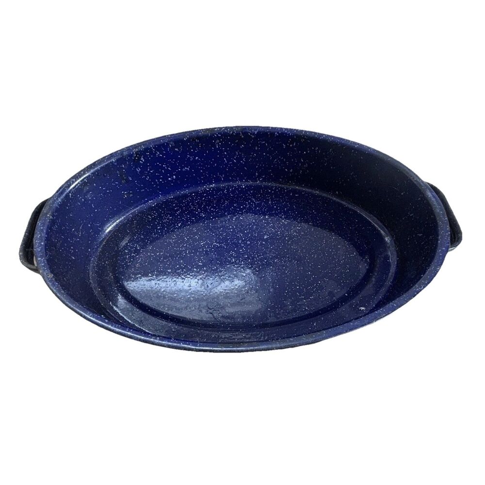 VTG Blue Granite Ware Enamelware Oval Roasting Pan Speckled 12" Small Roaster